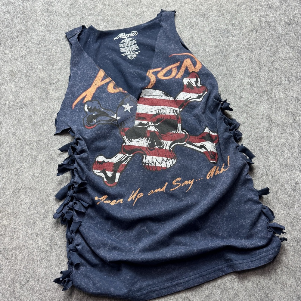 Poison Tank Top Womens S Blue Fringe Tasseled 80's Retro Hair Rock Band Tee
